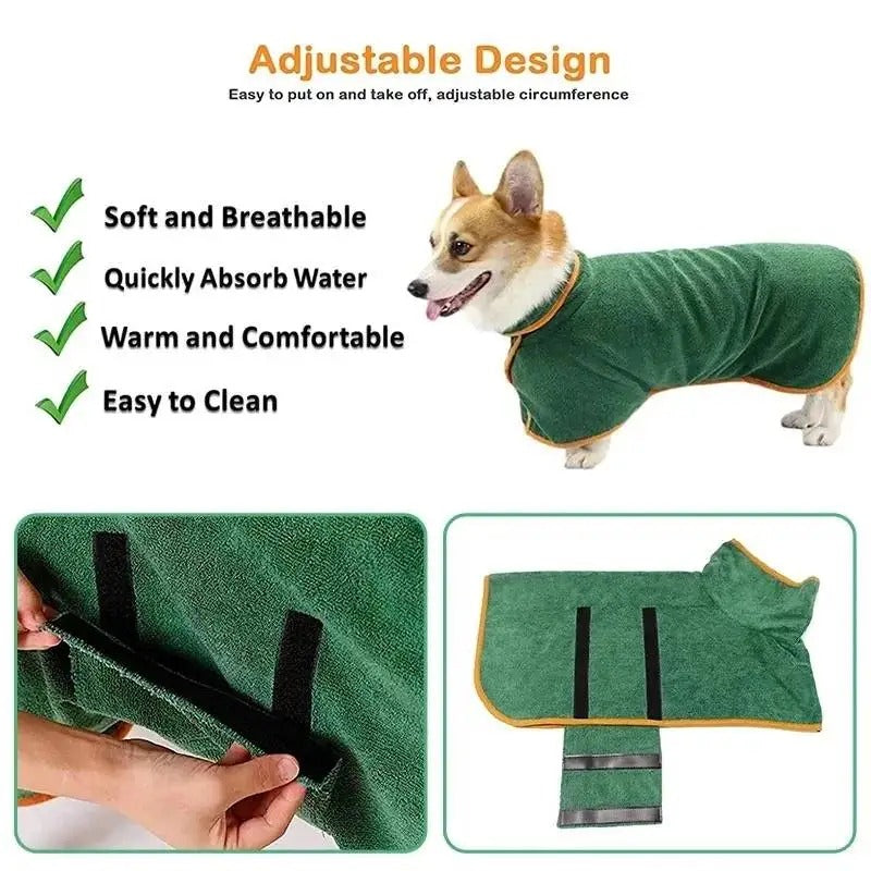 Pet Bathrobe Fast Drying Towel Microfiber Absorbent Soft Bath Robe Adjustable Towel Grooming Coat for Small Medium Large Dog