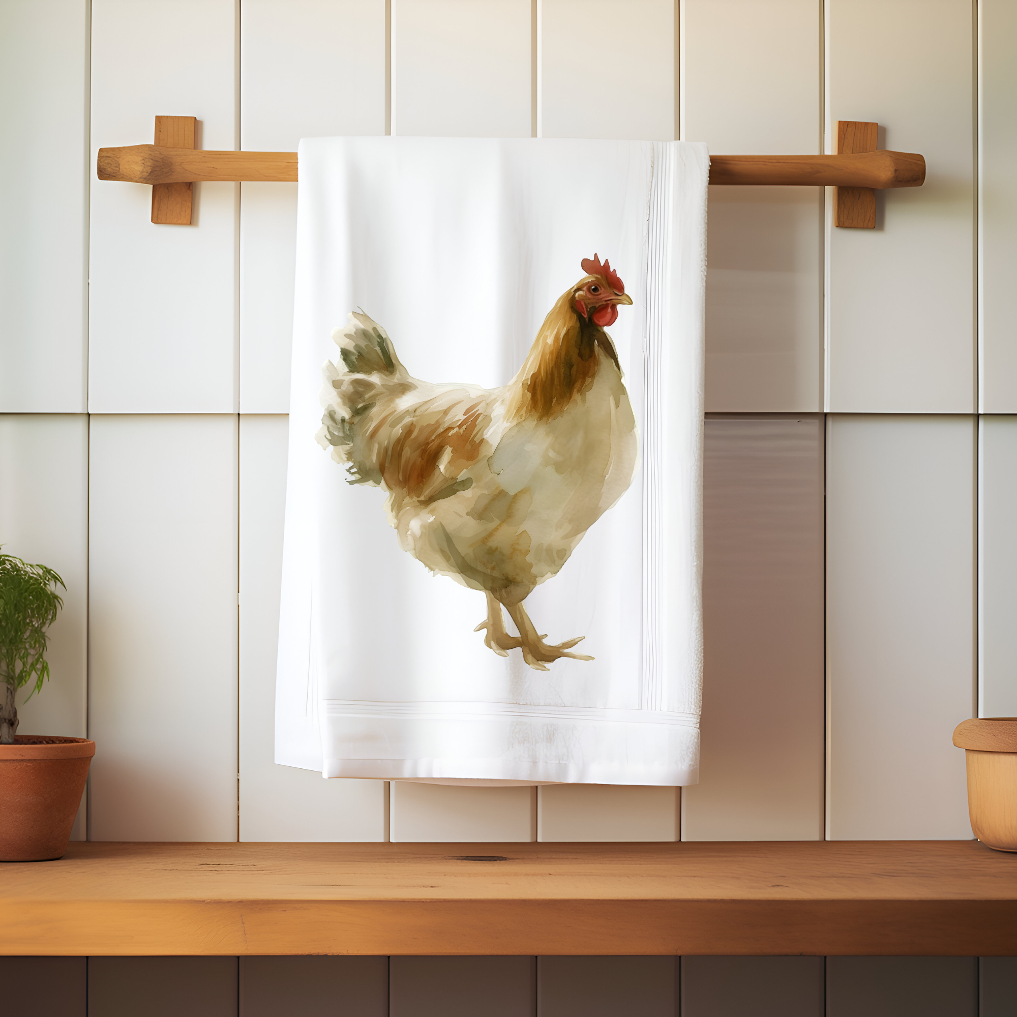 Soft Watercolor Chicken Tea Towel – Delicate Farmhouse Charm for Your Kitchen